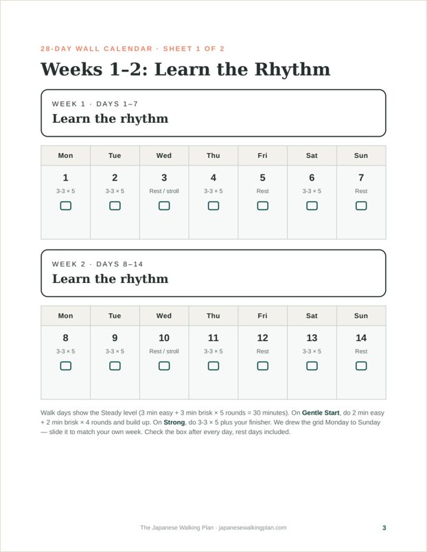 28-day wall calendar printable