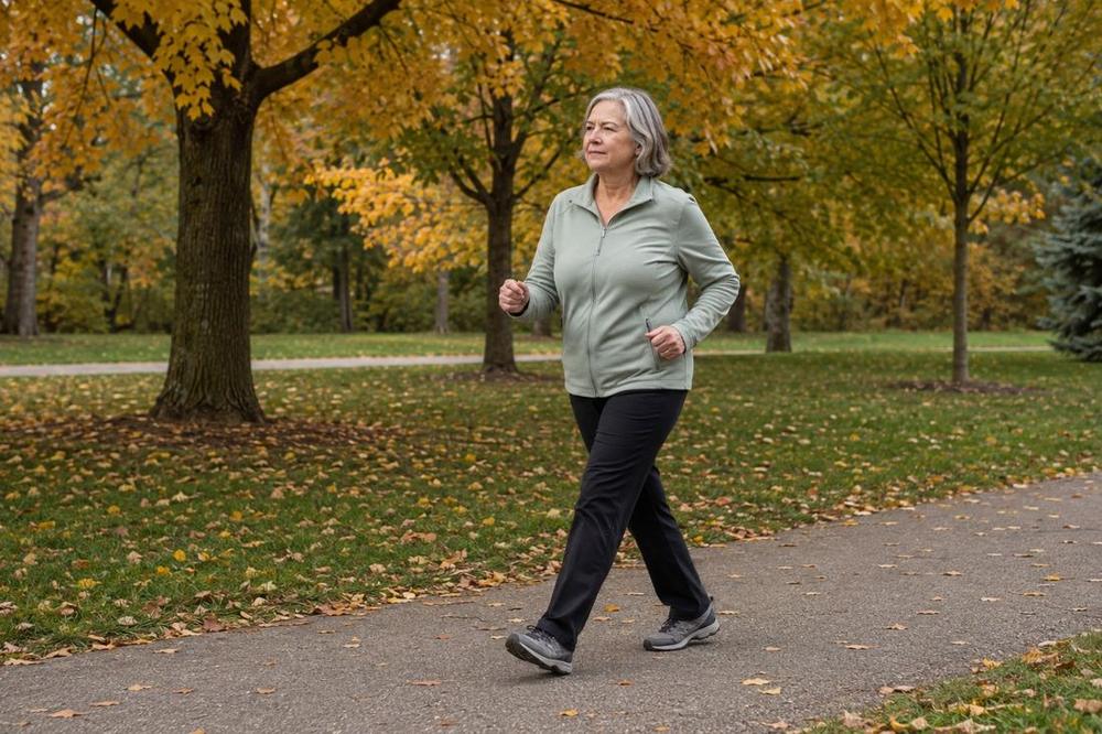 Walking briskly on a park path